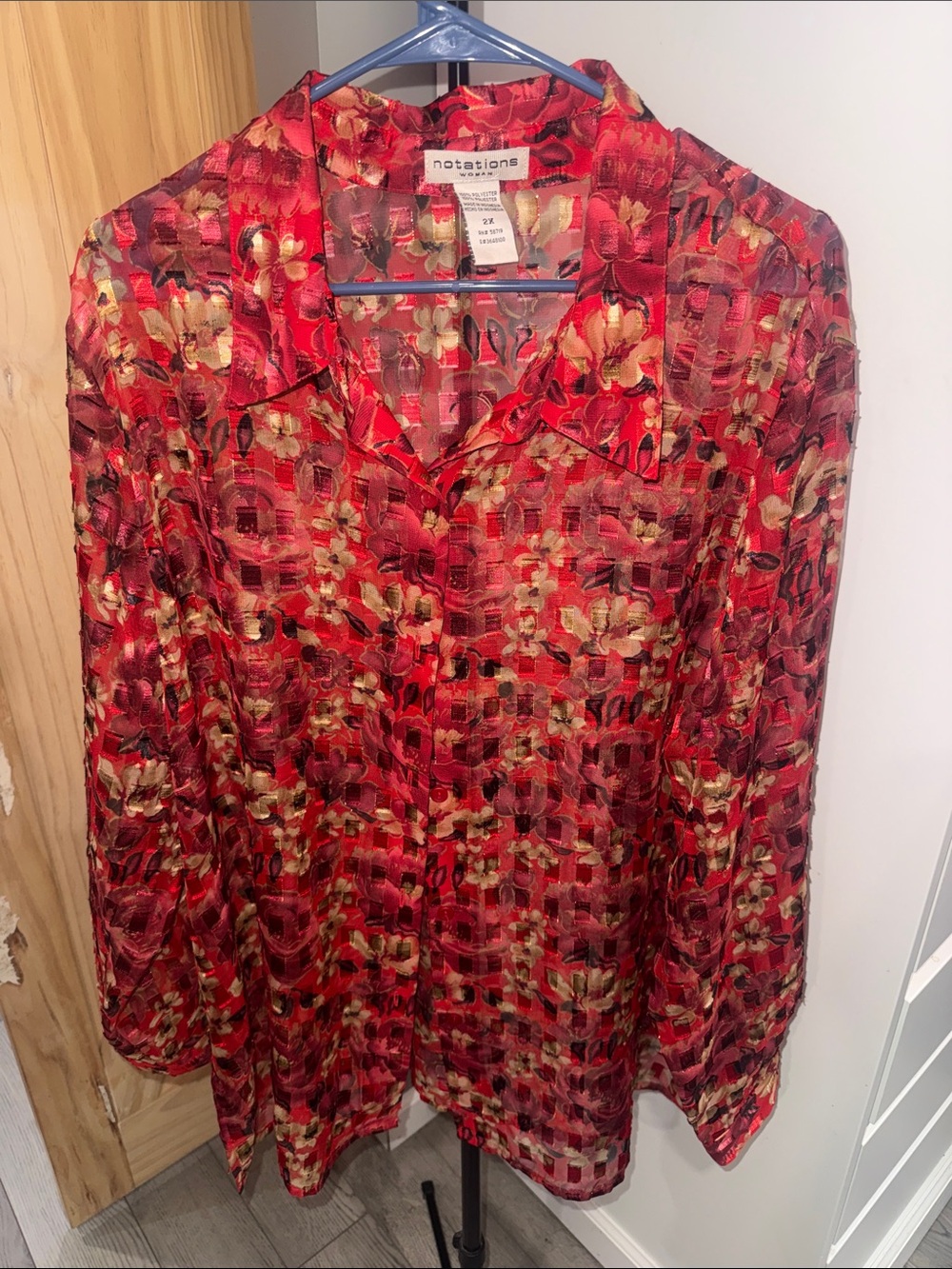 Notations Red Floral Sheer Button-Up Blouse
